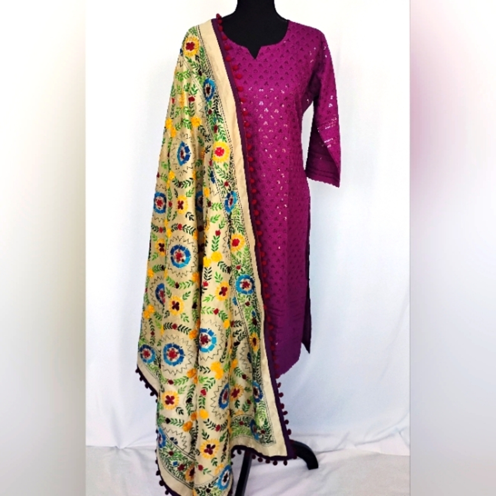 Chikankari cotton kurta with sequins and embroidered silk phulkari Dupat…